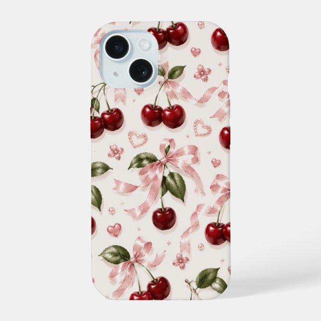 Coquette Cherry & Pink Satin Bow Seamless Pattern iPhone 15 Case (Back)