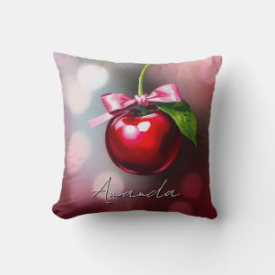 Coquette Cherry with Pink Bow and Leaf Throw Pillow