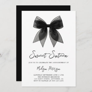Coquette Chic Minimal Black Bow Sweet 16 Birthday Invitation