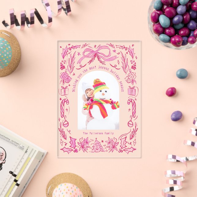 Coquette Christmas Family Photo Red Pink Doodle Acrylic Invitations (Insitu (Celebration))
