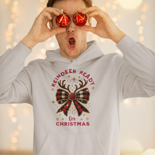Coquette Christmas Plaid Reindeer Ready Bow Hoodie