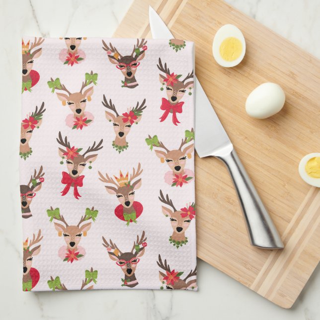 Coquette Christmas Preppy Reindeer Kitchen Towel (Quarter Fold)