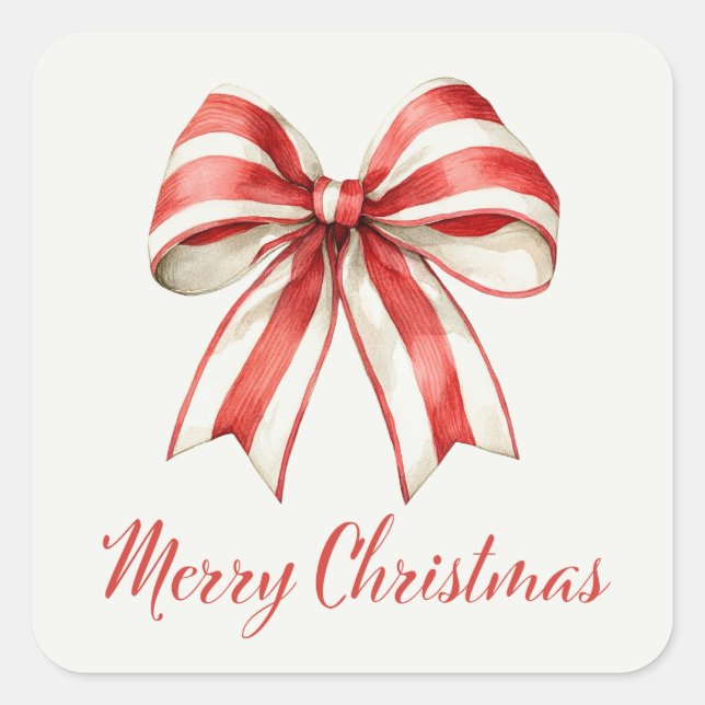 Coquette Christmas Red & White Candy Cane Bow Square Sticker (Front)