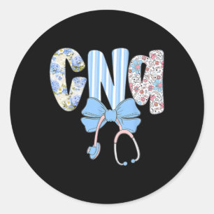 Coquette Cna Nurse Blue Floral Stethoscope Bow Cut Classic Round Sticker