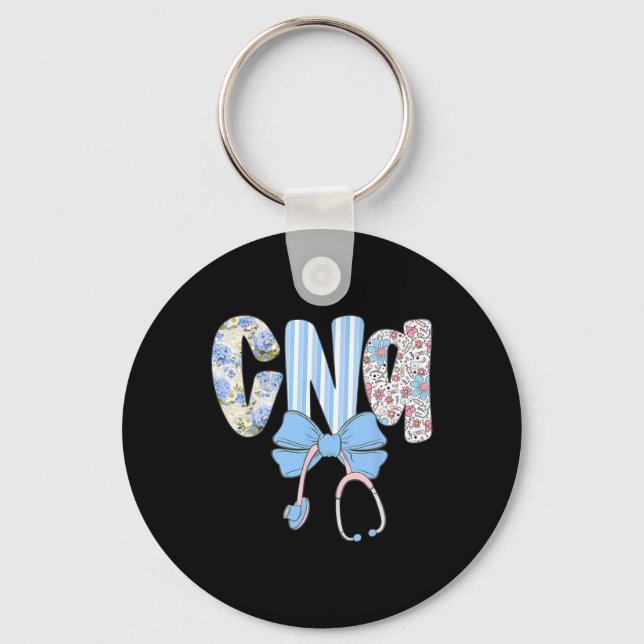 Coquette Cna Nurse Blue Floral Stethoscope Bow Cut Keychain (Front)