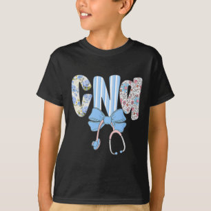 Coquette Cna Nurse Blue Floral Stethoscope Bow Cut T-Shirt