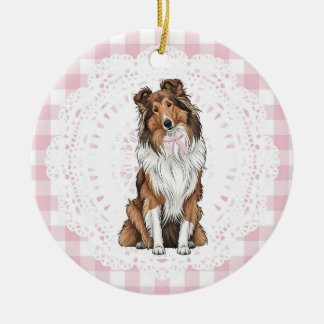 Coquette Collie Dog Pink Gingham Bows Ceramic Ornament