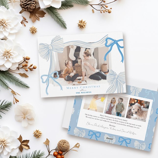 Coquette-Core Pale Blue Bows 4 Photos Christmas Holiday Card (Creator Uploaded)