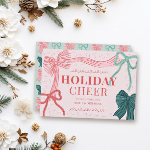 Coquette-Core Red & Green Bows Pink Christmas Holiday Card