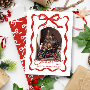 Coquette Curvy Ribbon & Bow Retro Christmas Photo Holiday Card
