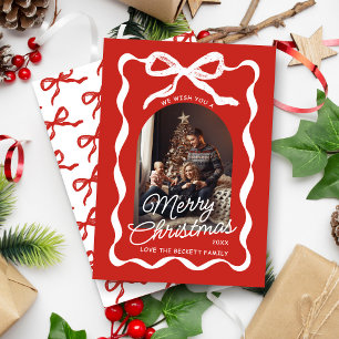 Coquette Curvy Ribbon & Bow Retro Christmas Photo Holiday Card