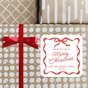 Coquette Curvy Ribbon & Bow Retro Merry Christmas Square Sticker