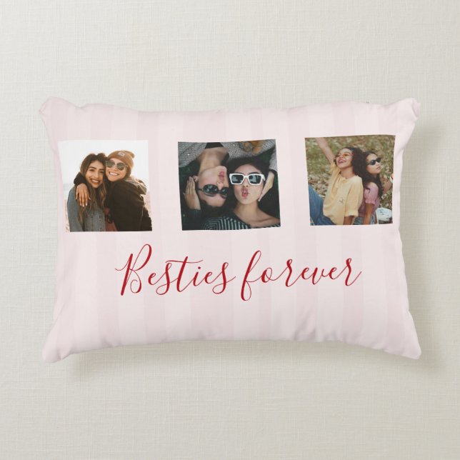 coquette Custom Besties Photos Collage Pink Stripe Accent Pillow (Front)
