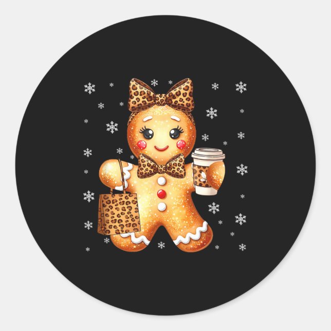 Coquette Cute Gingerbread Leopard Bow Christmas Gi Classic Round Sticker (Front)