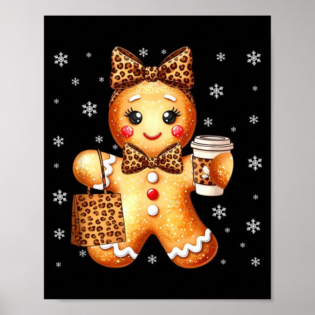 Coquette Cute Gingerbread Leopard Bow Christmas Gi Poster (Front)
