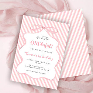 Coquette Cute Pink Bow Girl First Birthday Invitation