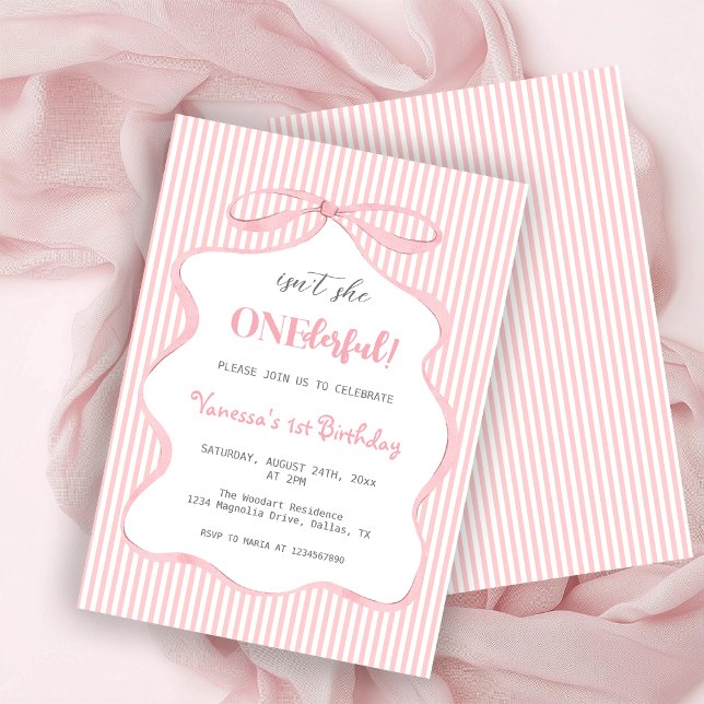Coquette Cute Pink Bow Girl First Birthday Invitation (Creator Uploaded)