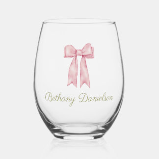 Coquette Cute Watercolor Pink Bow Personalized Stemless Wine Glass