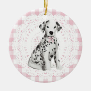 Coquette Dalmation Dog Pink Gingham Bows Ceramic Ornament