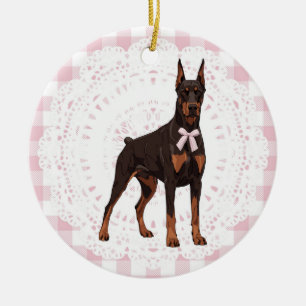 Coquette Doberman Pinscher Pink Gingham Bows Ceramic Ornament