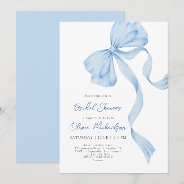 Coquette Dusty Blue Bow Ribbon Bridal Shower Invitation (Front/Back)