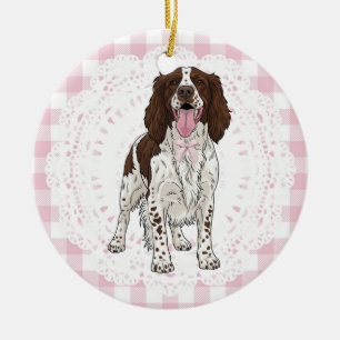 Coquette English Spaniel Dog Pink Gingham Bows Ceramic Ornament