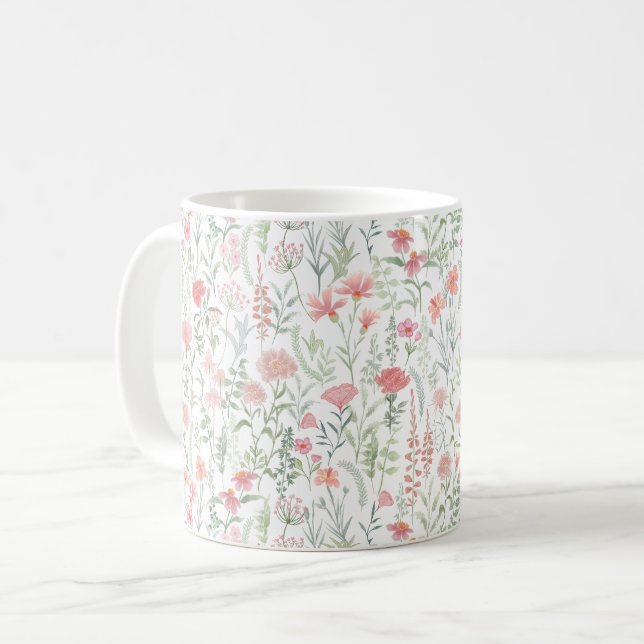 Coquette Feminine Pink Wildflower Meadow Coffee Mug (Front Left)
