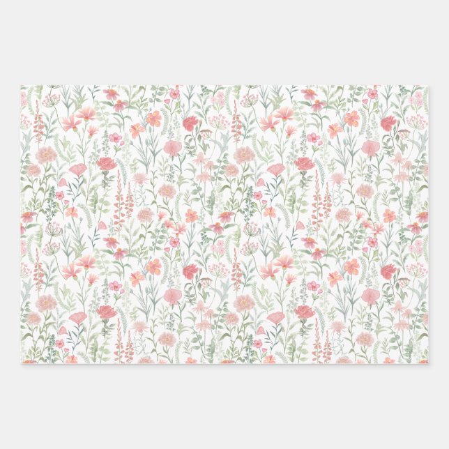 Coquette Feminine Pink Wildflower Meadow Wrapping Paper Sheet (Front)