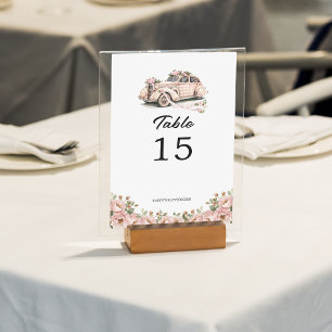 Coquette Floral Blush Pink Retro Car Wedding Table Number