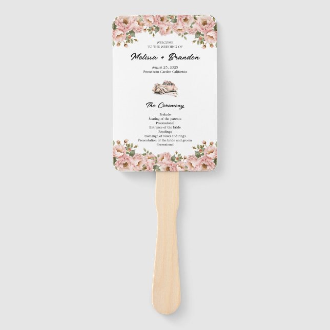 Coquette Floral Blush Pink Wedding Program Hand Fan (Front)