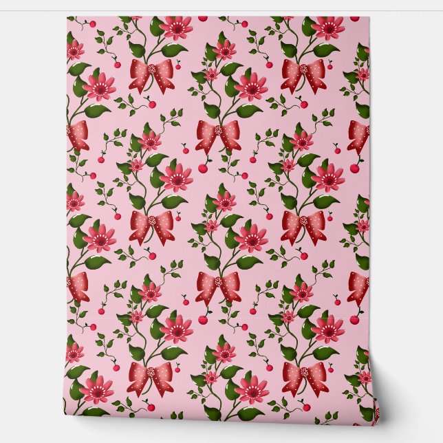  Coquette  floral Bow Pattern Wallpaper (Unrolling)