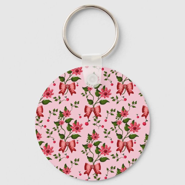 Coquette  floral Bow Pattern Wallpaper Keychain (Front)