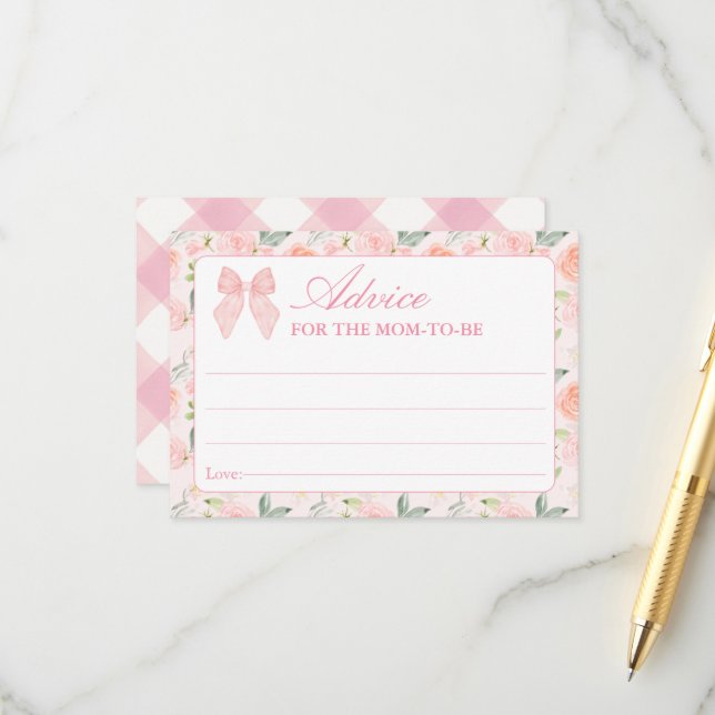 Coquette florale Bow rose Baby shower Carte consei (Devant/Arrière en situation)