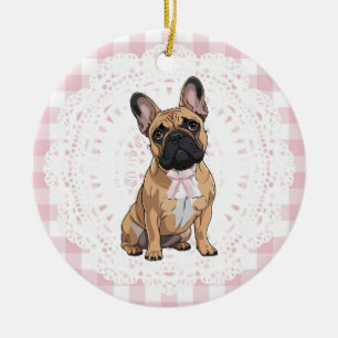 Coquette French Bulldog Dog Art Pink Gingham Bows Ceramic Ornament