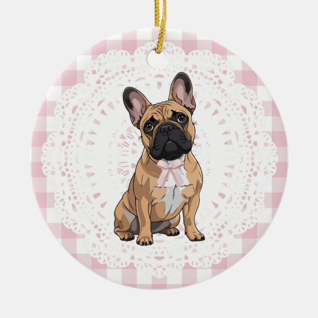 Coquette French Bulldog Dog Art Pink Gingham Bows Ceramic Ornament (Front)
