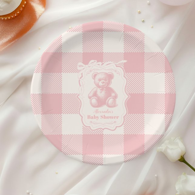 Coquette Gingham French Teddy Bear Baby Shower Paper Plate (Creator Uploaded)