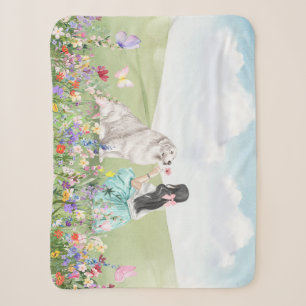 Coquette Girl and Dog Spring Meadow Sherpa Blanket