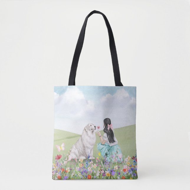 Coquette Girl and Dog Spring Meadow Tote Bag (Front)