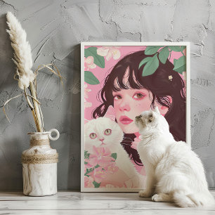 Coquette Girl with White Cat Pink Preppy Art Print