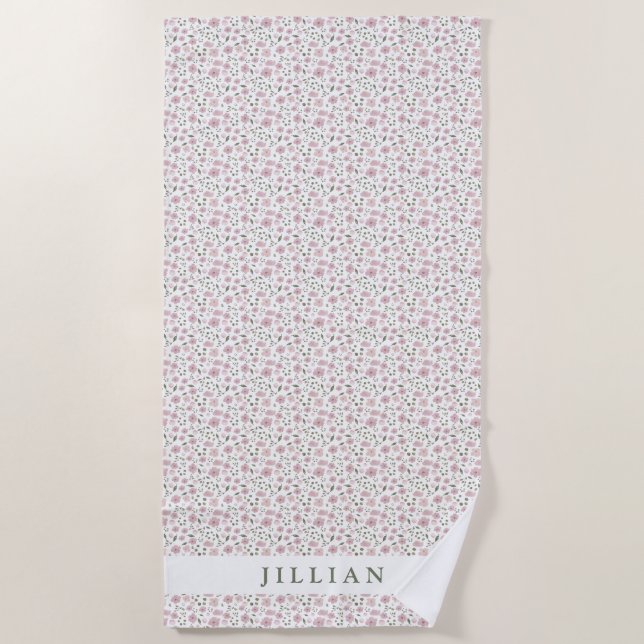 Coquette Girly Floral Pattern | Personalized Name  Beach Towel (Front)