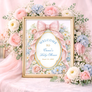 Coquette Girly Pink Bow Floral Baby Shower Welcome Poster