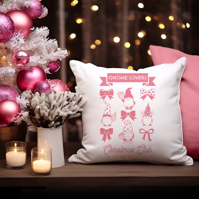 Coquette Gnome Lovers Christmas Club -Pink | White Throw Pillow (Coquette Gnome Lovers Christmas Club Pink White Throw Pillow)