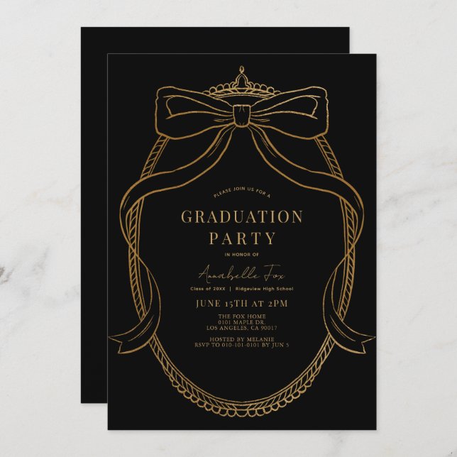 Coquette Gold Bow Ribbon Black Graduation Party Invitation (Front/Back)
