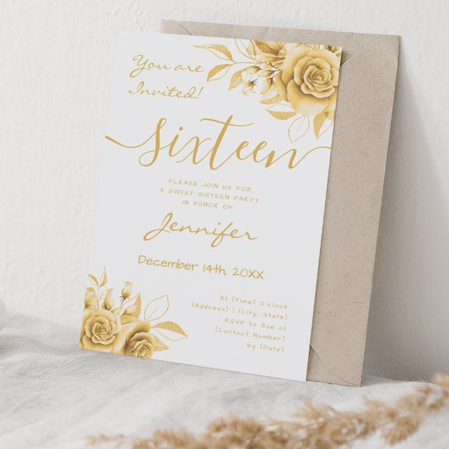 Coquette Gold Sweet 16 Floral Glam  Invitation (Coquette Gold Sweet 16 Floral Glam Invitation)