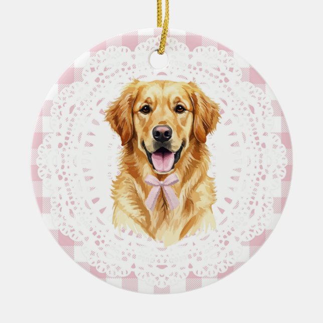 Coquette Golden Retriever Dog Pink Gingham Bows Ceramic Ornament (Front)