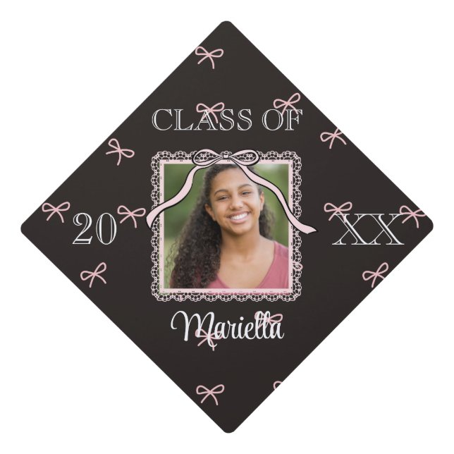 Coquette Graduate Black Bow Name Lace Photo  Graduation Cap Topper (Front)