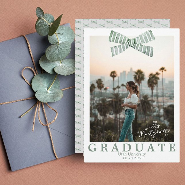 Coquette Green Bow Photo Graduation Announcement (Creator Uploaded)