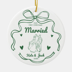 Coquette Green Ribbon First Christmas Married Ceramic Ornament
