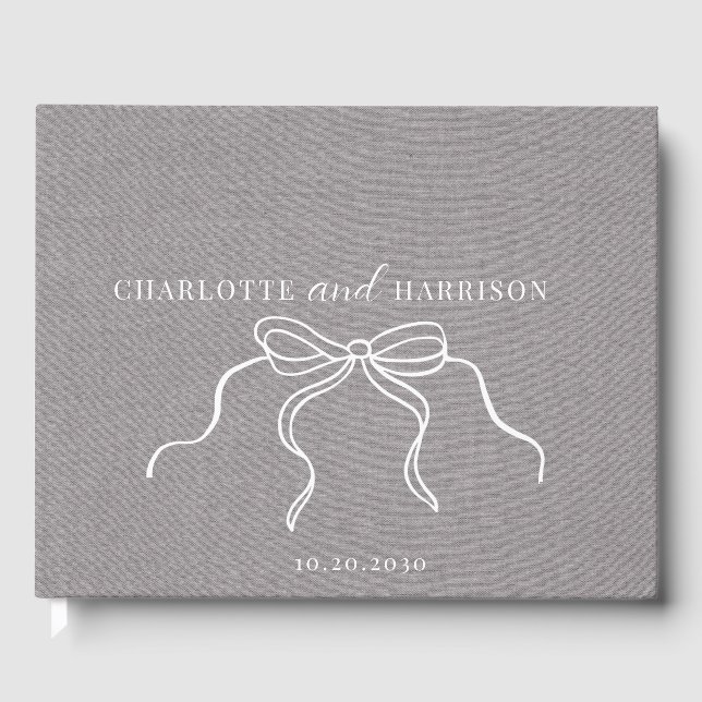 Coquette Grey Faux Linen Monogram Coquette Bow Guest Book (Front)