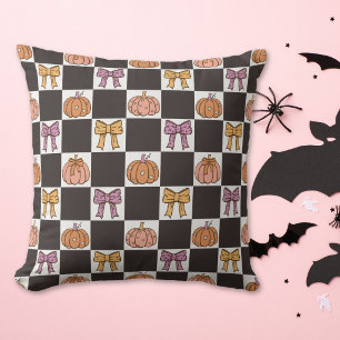 Coquette Halloween Party Girly Pumpkin Bow Preppy Throw Pillow
